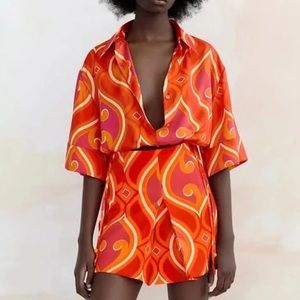 Two-piece women’s short set • Orange Yellow Red Pink Print • Brand New • Size M